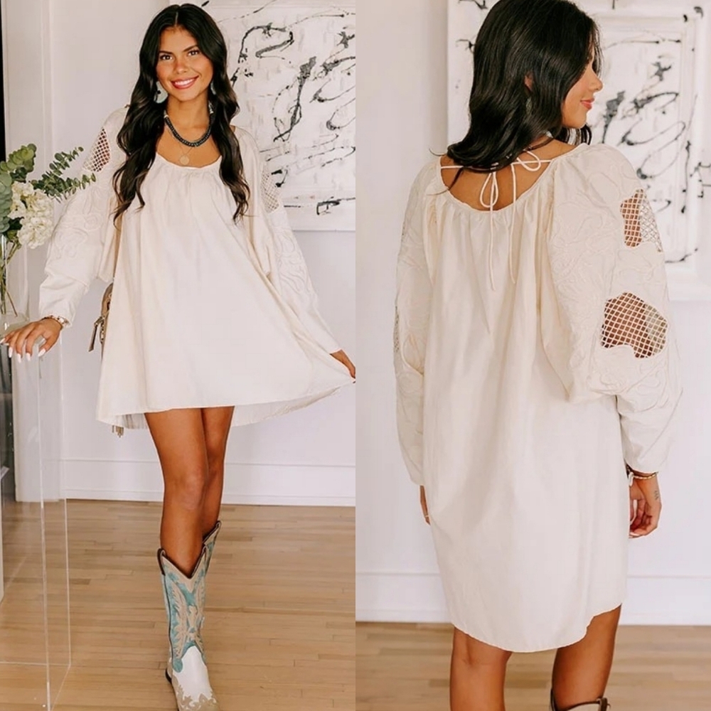 H&M Low Back Voluminous Embroidery Dress Balloon Sleeves Blogger Fave Cream L - Picture 11 of 16